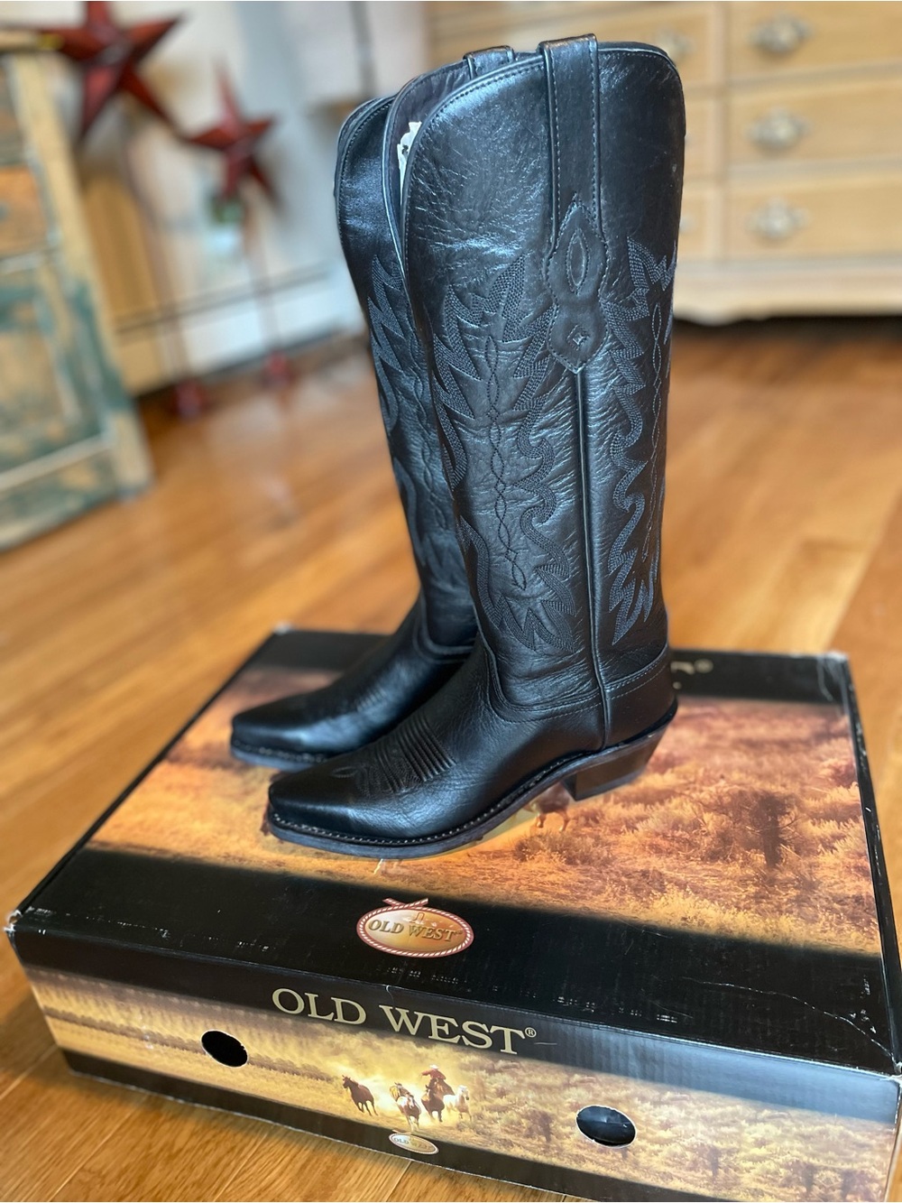 Old West Black Embroidered Leather Cowboy Boots